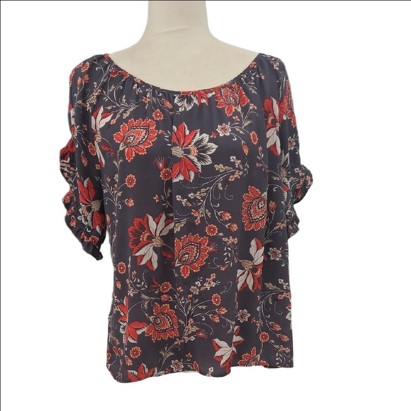 LOFT Tops - LoFT Beautiful Floral Blouse - Charcoal and Scarlet Flowy Comfy Boho L